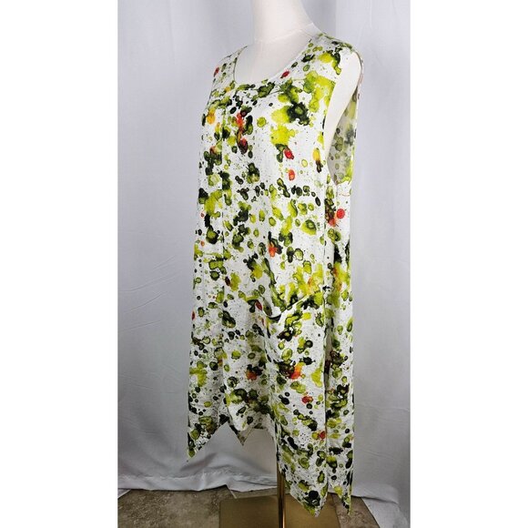 Grizas Green Splash Linen Sleeveless Dress XL Asymmetrical Hem Midi Lagenlook - Picture 3 of 9
